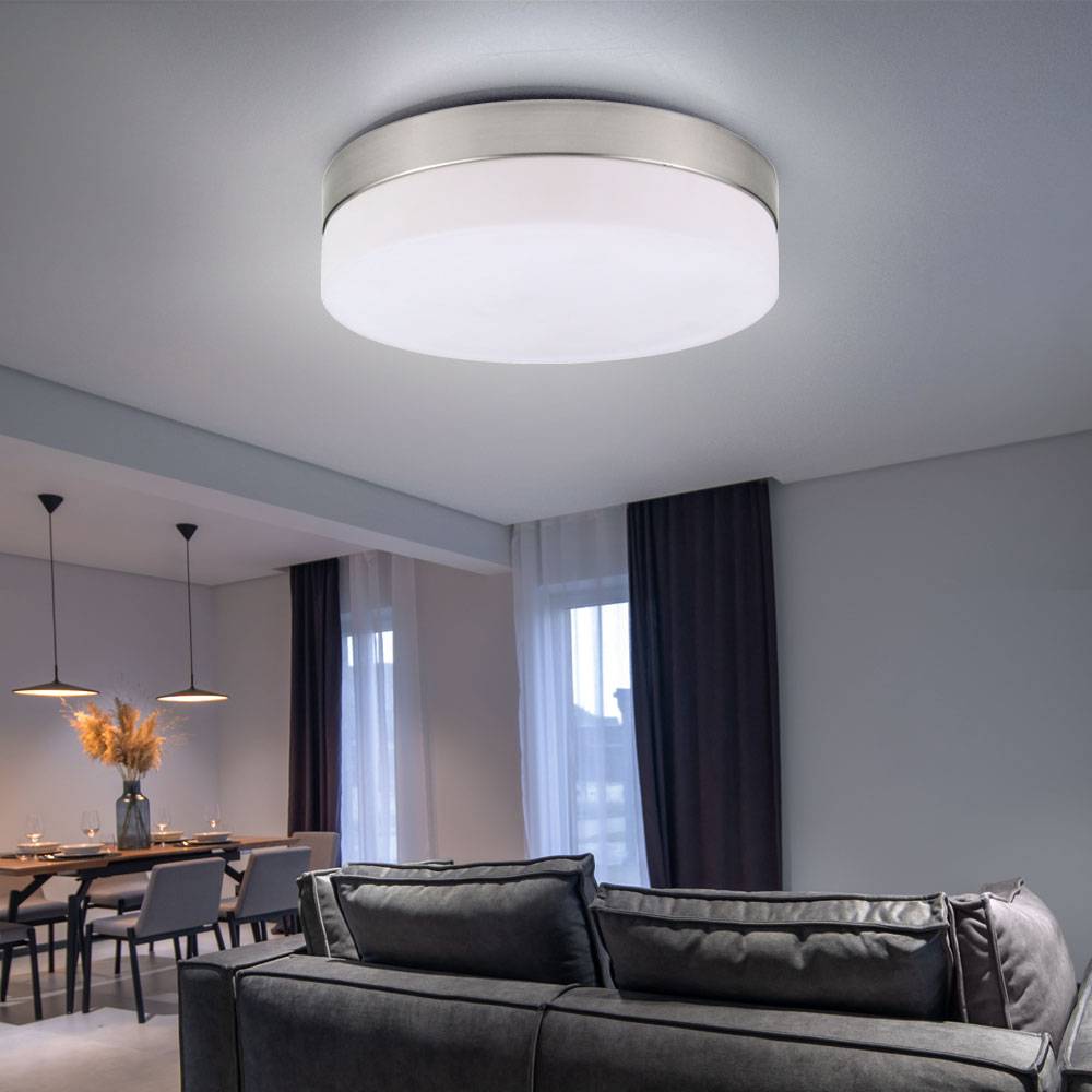 Deckenlampe Deckenleuchte 2-flammig Flurlampe Glas Küchenleuchte opal, Metall nickel matt, 2x E27, DxH 24x6,5 cm