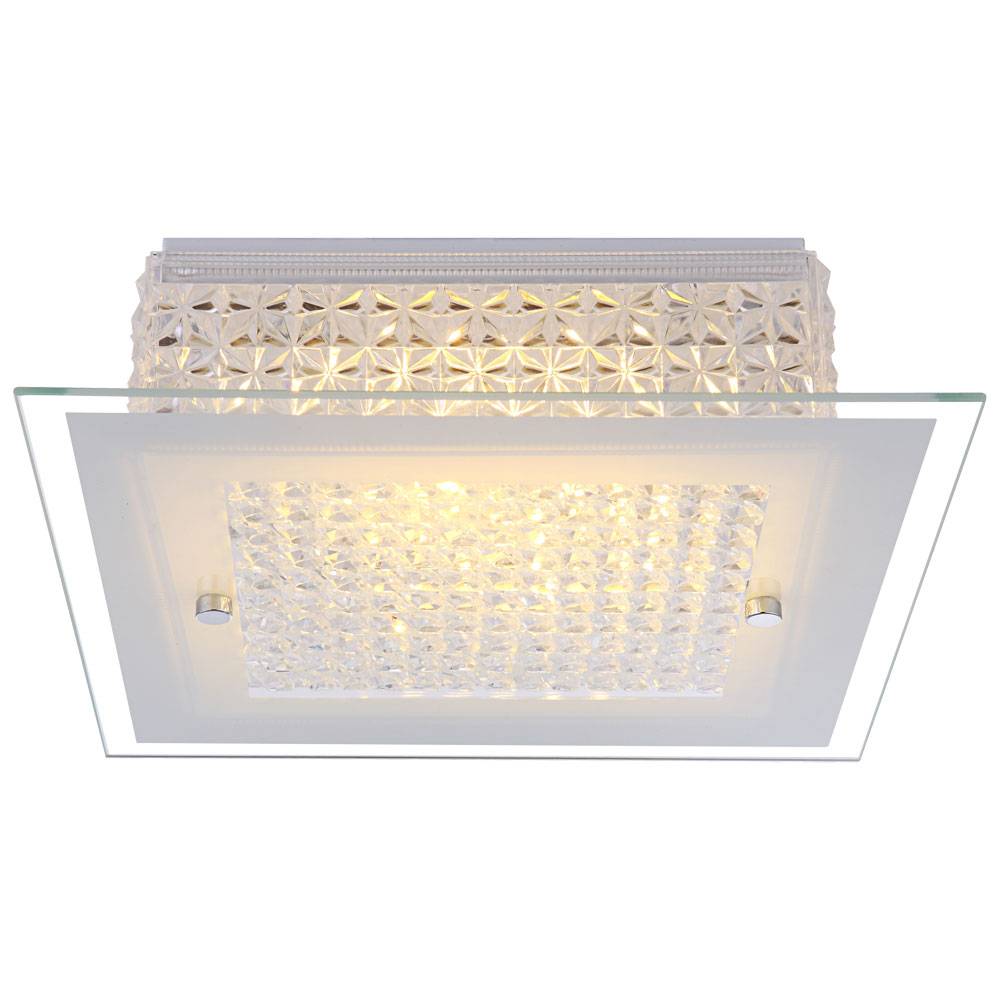 LED Deckenleuchte Kristalle Kristallleuchte Glas opal Deckenlampe Wohnzimmer, Metall Chrom, LED 12W 1030Lm warmweiß, LxBxH 30x30x8 cm
