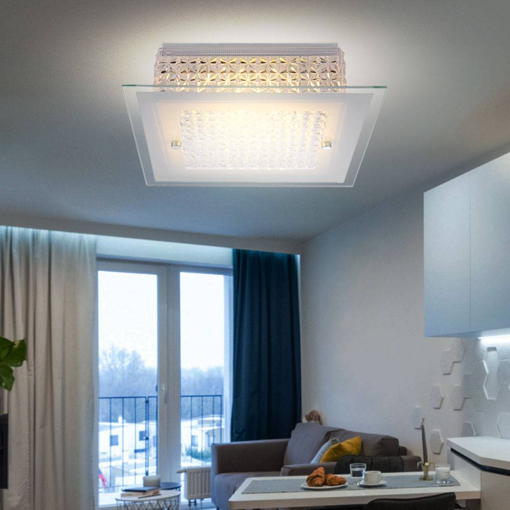 LED Deckenleuchte Kristalle Kristallleuchte Glas opal Deckenlampe Wohnzimmer, Metall Chrom, LED 12W 1030Lm warmweiß, LxBxH 30x30x8 cm