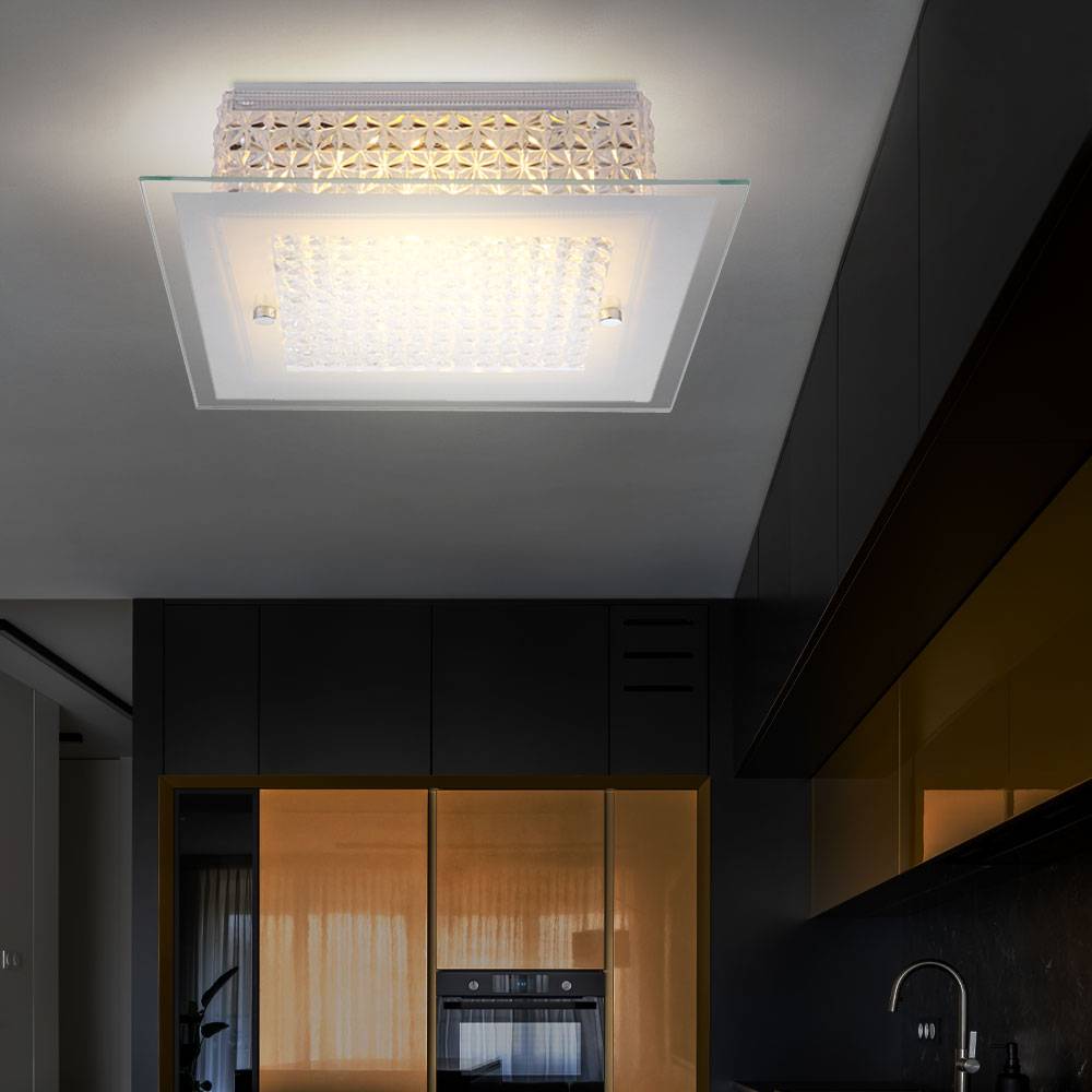 LED Deckenleuchte Kristalle Kristallleuchte Glas opal Deckenlampe Wohnzimmer, Metall Chrom, LED 12W 1030Lm warmweiß, LxBxH 30x30x8 cm