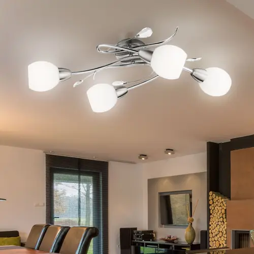 Deckenlampe Deckenleuchte Wohnzimmerlampe Spotlampe Spotleuchte, 4 Flammig, Dekorblätter Glas opal Chrom, E14 Fassungen, LxB 70x25cm Deckenlampe Deckenleuchte Wohnzimmerlampe Spotlampe Spotleuchte, 4 Flammig, Dekorblätter Glas opal Chrom, E14 Fassungen, LxB 70x25cm