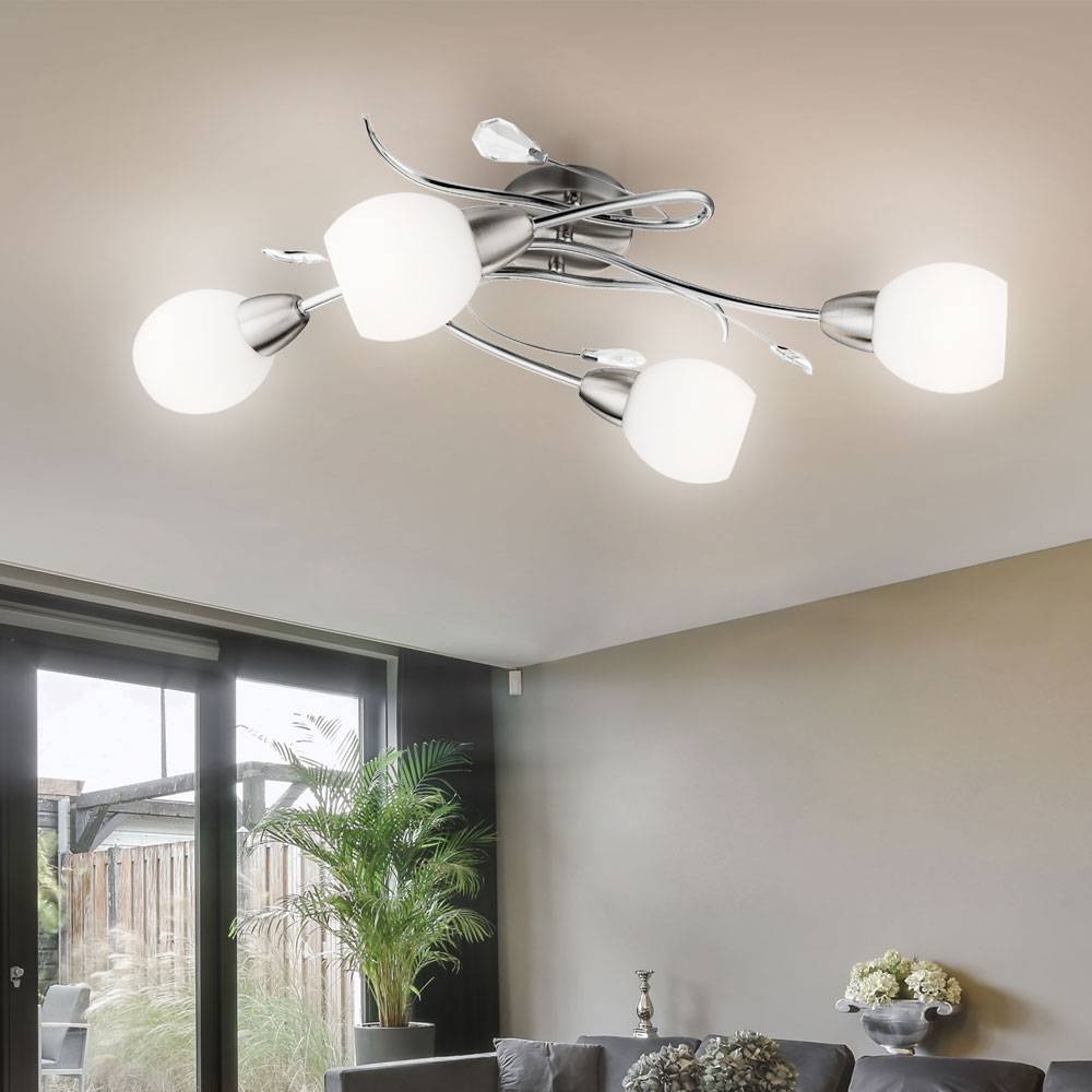 Deckenleuchte Kristalle Spotlampe Glas opal Deckenlampe chrom, nickel-matt, Dekorblätter, 4x LED 3W 250Lm warmweiß, L 70 cm