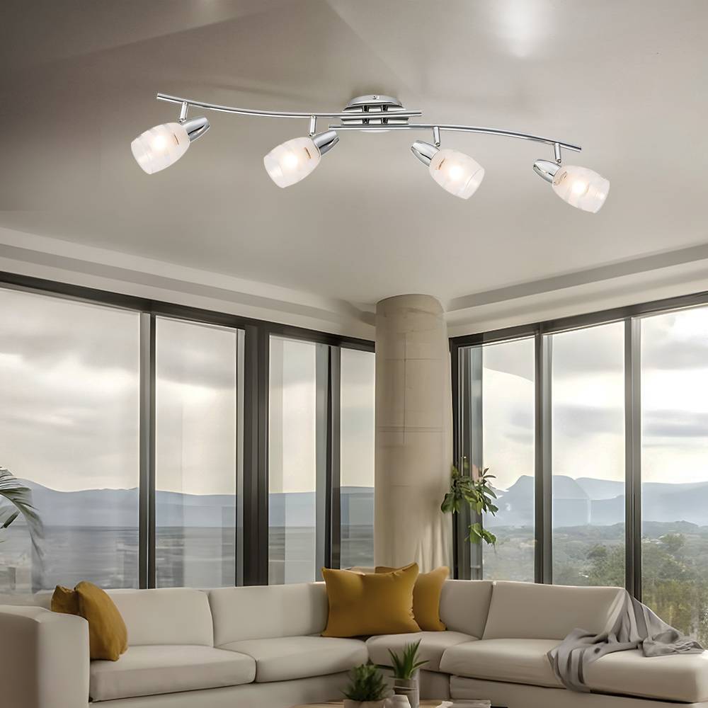 Deckenlampe Deckenstrahler 4 flammig Wohnzimmerlampe Deckenleuchte, verchromt Glasspots satiniert, 4x E14, LxH 81x19 cm