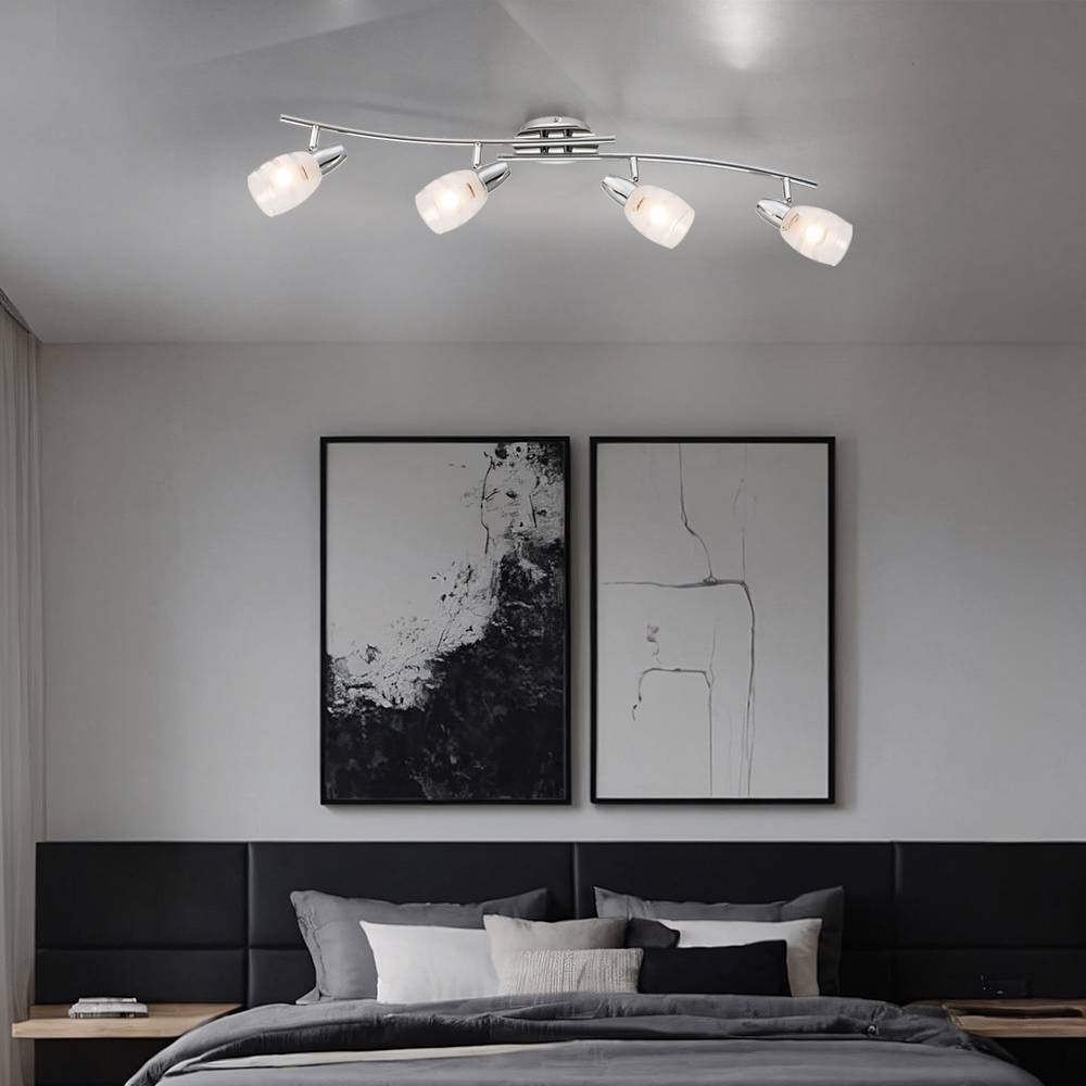 Deckenlampe Deckenstrahler 4 flammig Wohnzimmerlampe Deckenleuchte, verchromt Glasspots satiniert, 4x E14, LxH 81x19 cm