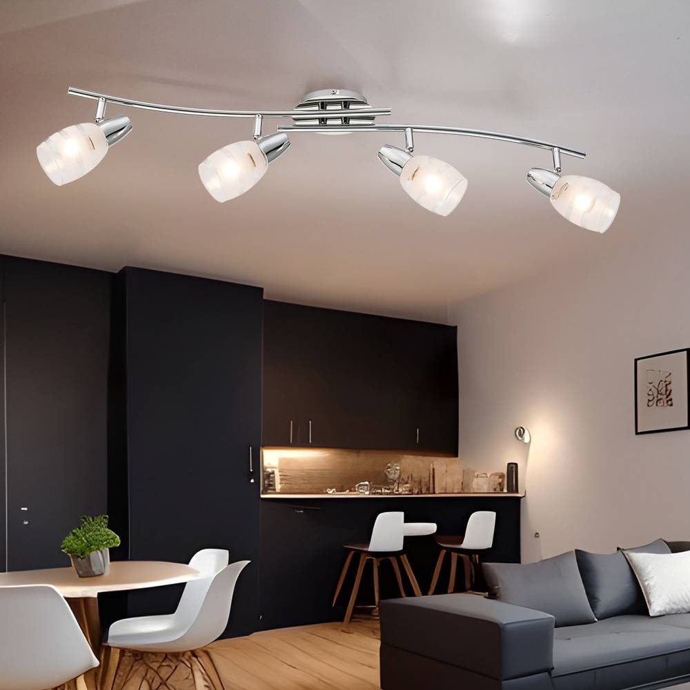 Deckenlampe Deckenstrahler 4 flammig Wohnzimmerlampe Deckenleuchte, verchromt Glasspots satiniert, 4x E14, LxH 81x19 cm