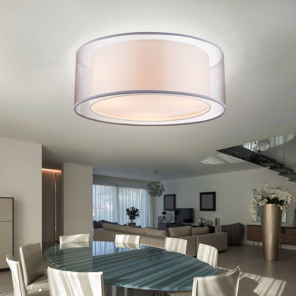 Deckenleuchte grau rund Deckenleuchte Stoff satiniert Lampe Textil Wohnzimmer, Metall Stoffschirm, 3x E14 Fassungen, DxH 17,5x40 cm