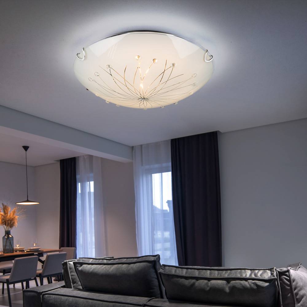 Deckenlampe Deckenleuchte Wohnzimmerleuchte Esszimmerlampe Flurleuchte, 2 Flammig Glas satiniert Metall Chrom, E27 Fassungen, DxH 30x6,5cm