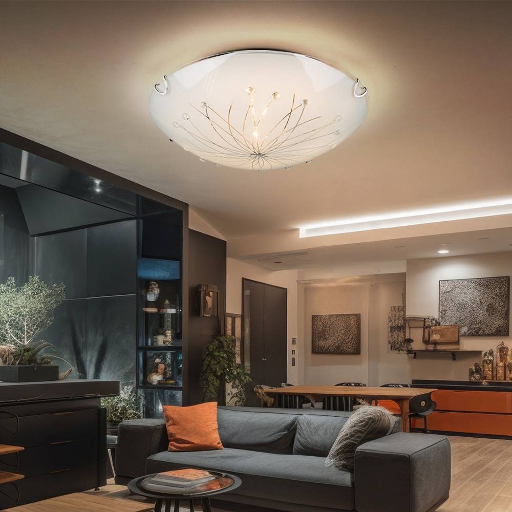 Deckenlampe Deckenleuchte Wohnzimmerleuchte Esszimmerlampe Flurleuchte, 2 Flammig Glas satiniert Metall Chrom, E27 Fassungen, DxH 30x6,5cm