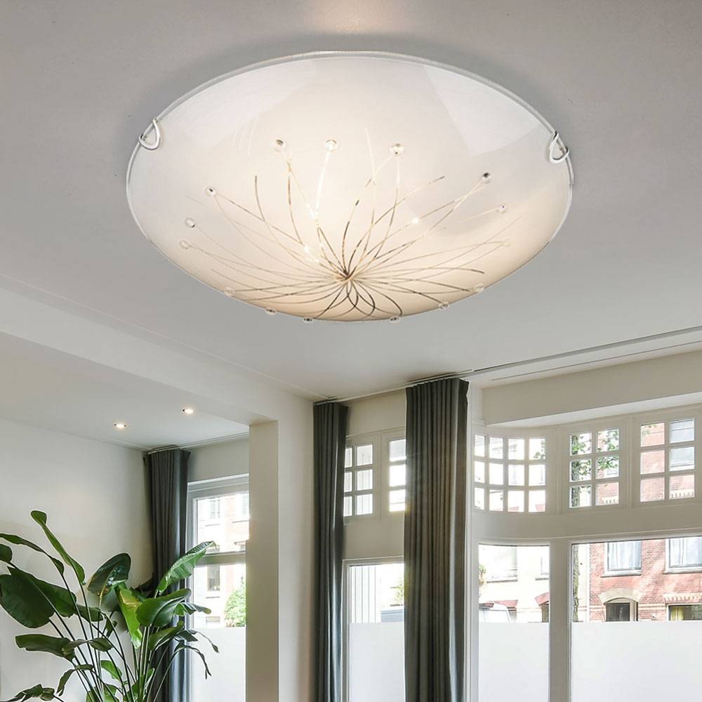 Deckenlampe weiß Schlafzimmerlampe modern Deckenleuchte rund, Designlampe 3-flammig Glas Kristalle Muster, Metall chrom, 3x E27 Fassung, DxH 40x8 cm