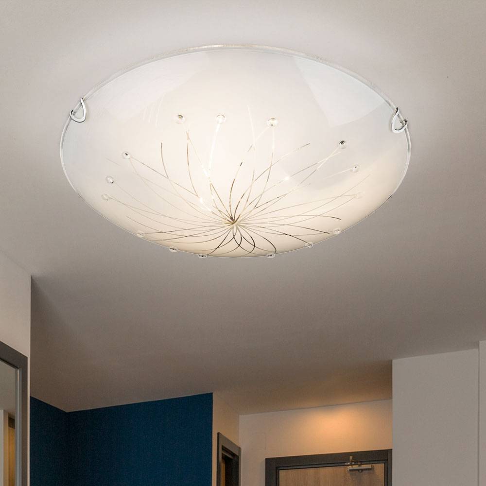 Deckenlampe weiß Schlafzimmerlampe modern Deckenleuchte rund, Designlampe 3-flammig Glas Kristalle Muster, Metall chrom, 3x E27 Fassung, DxH 40x8 cm