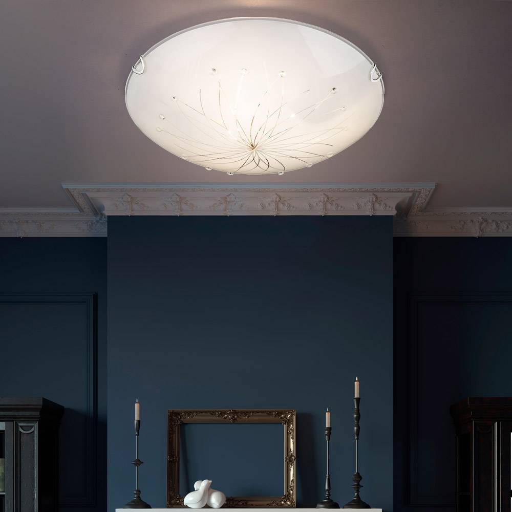 Deckenlampe weiß Schlafzimmerlampe modern Deckenleuchte rund, Designlampe 3-flammig Glas Kristalle Muster, Metall chrom, 3x E27 Fassung, DxH 40x8 cm