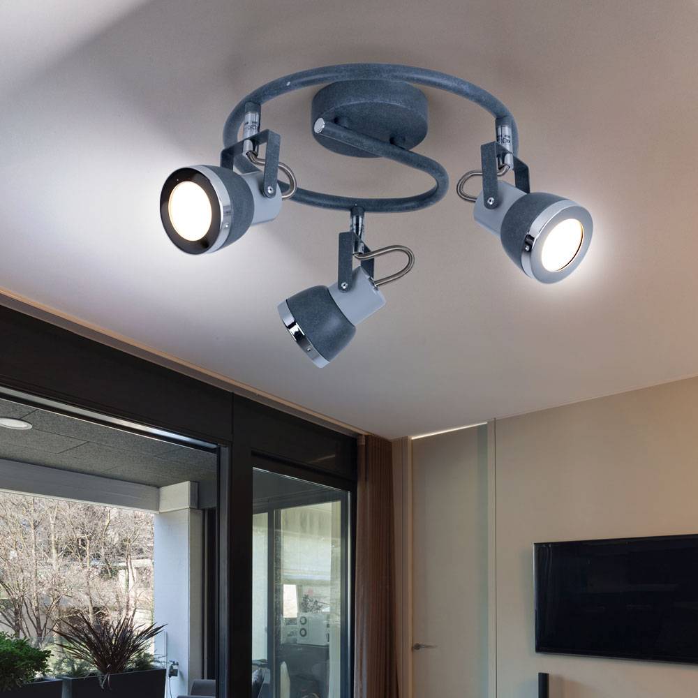 Schwenkbare Deckenleuchte LED Deckenstrahler 3 flammig Küchenstrahler Deckenlampe, 3 flammig steingrau Metall Spots beweglich, 3x GU10 Fassungen