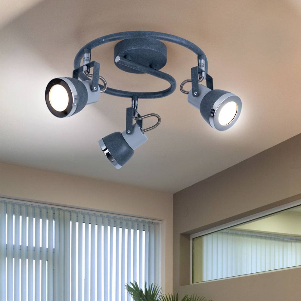 Schwenkbare Deckenleuchte LED Deckenstrahler 3 flammig Küchenstrahler Deckenlampe, 3 flammig steingrau Metall Spots beweglich, 3x GU10 Fassungen