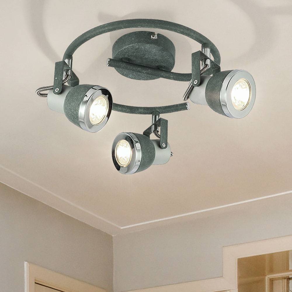 Schwenkbare Deckenleuchte LED Deckenstrahler 3 flammig Küchenstrahler Deckenlampe, 3 flammig steingrau Metall Spots beweglich, 3x GU10 Fassungen