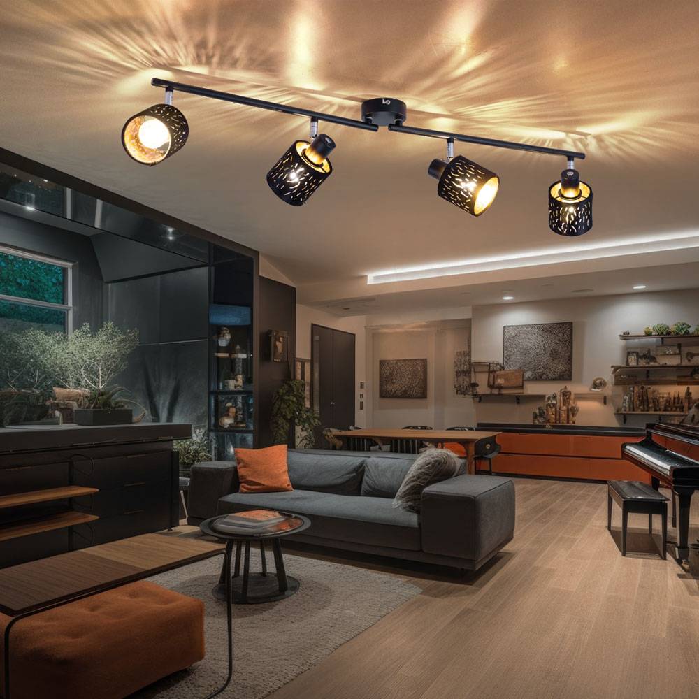 Decken Strahler verstellbar Dekor Stanzung Wohn Zimmer Samt Lampe schwarz gold