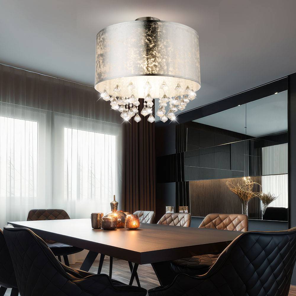 Deckenleuchte Kristallbehang Kristallleuchte Esszimmer Deckenlampe Kristalle, Blattsilber, Metall, 1x E27, DxH 30x31 cm