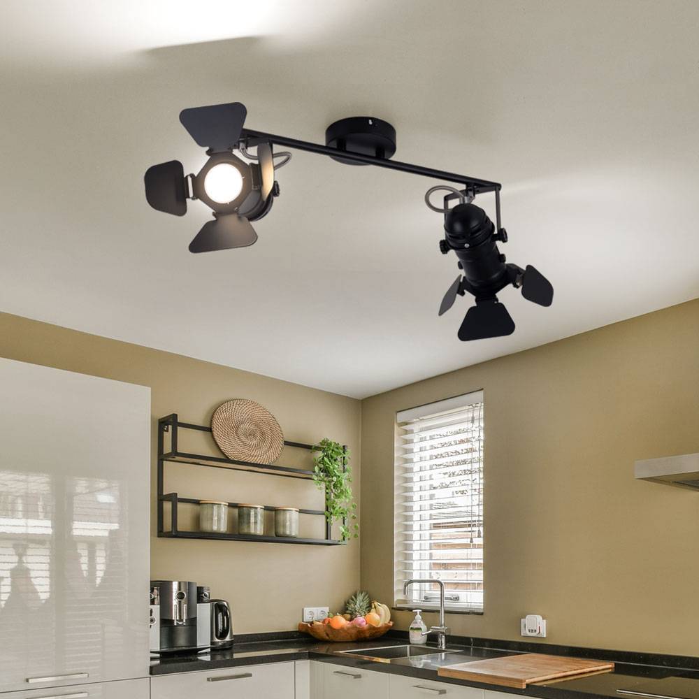 Deckenleuchte schwarz Spotleiste 2 Strahler Deckenlampe schwenkbar Filmset Lichteffekt, Metall, 2x GU10 Fassungen, LxH 54x26,5 cm