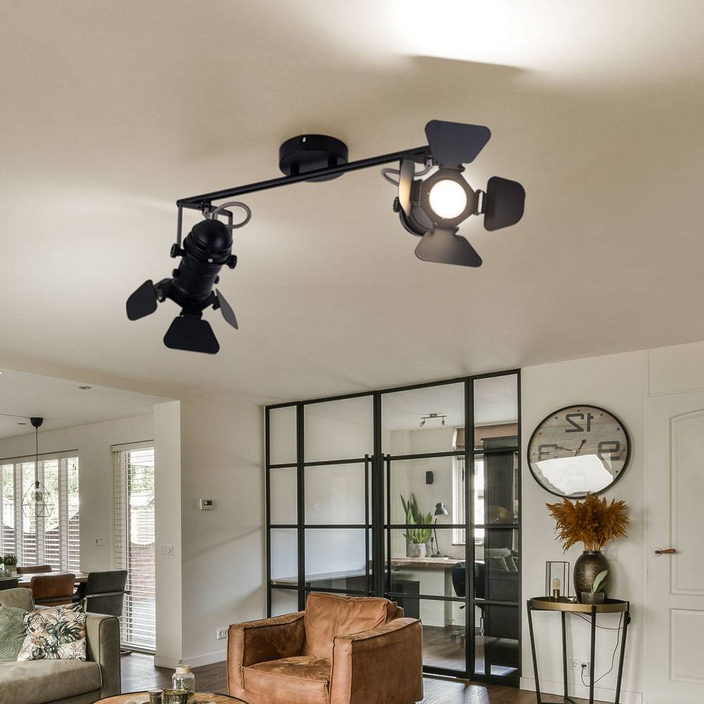 Deckenleuchte schwarz Spotleiste 2 Strahler Deckenlampe schwenkbar Filmset Lichteffekt, Metall, 2x GU10 Fassungen, LxH 54x26,5 cm