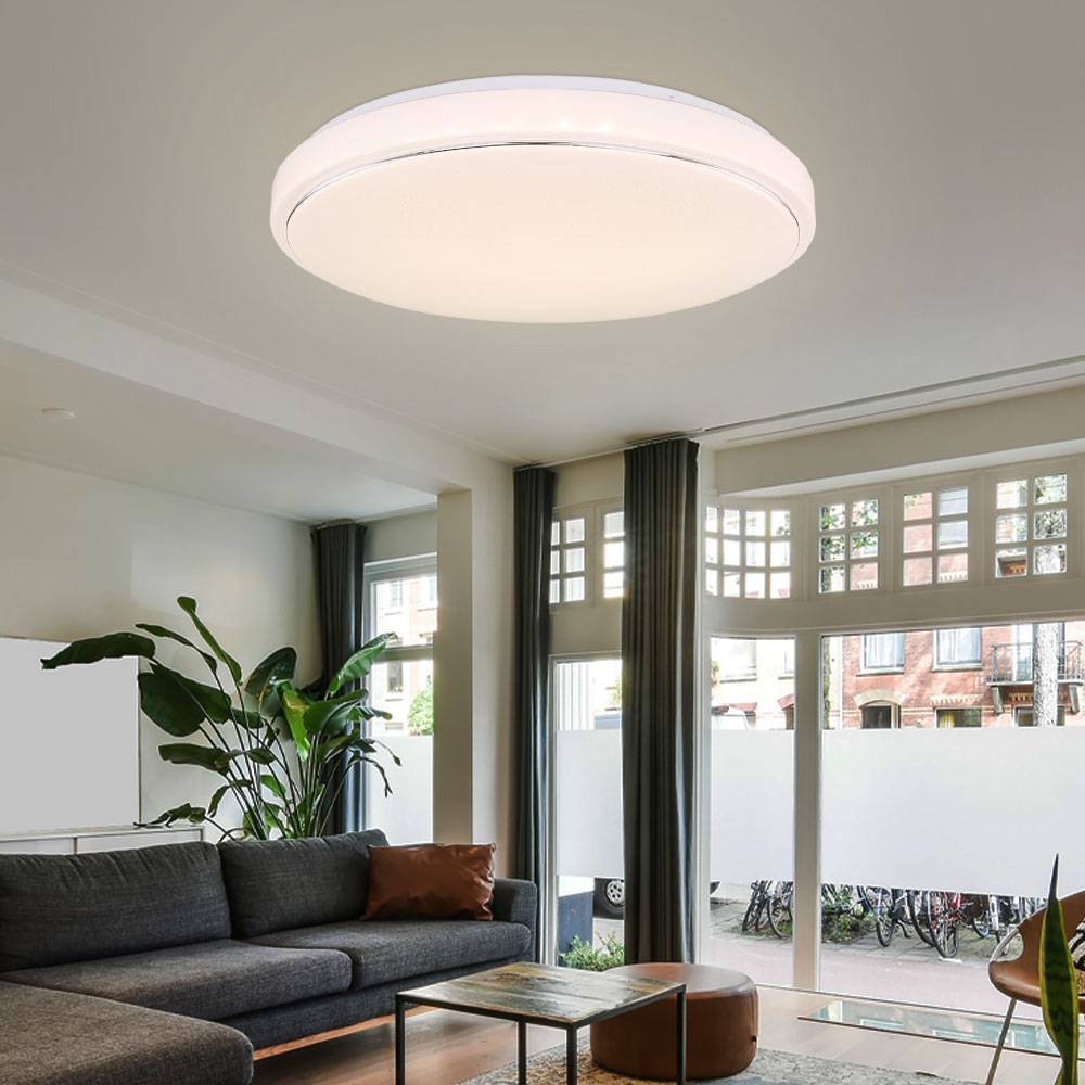 Deckenlampe Deckenleuchte Schlafzimmerlampe Esszimmerleuchte, Sterneneffekt Memoryfunktion CCT, Metall Chromring opal, 1x LED 32W 3000L