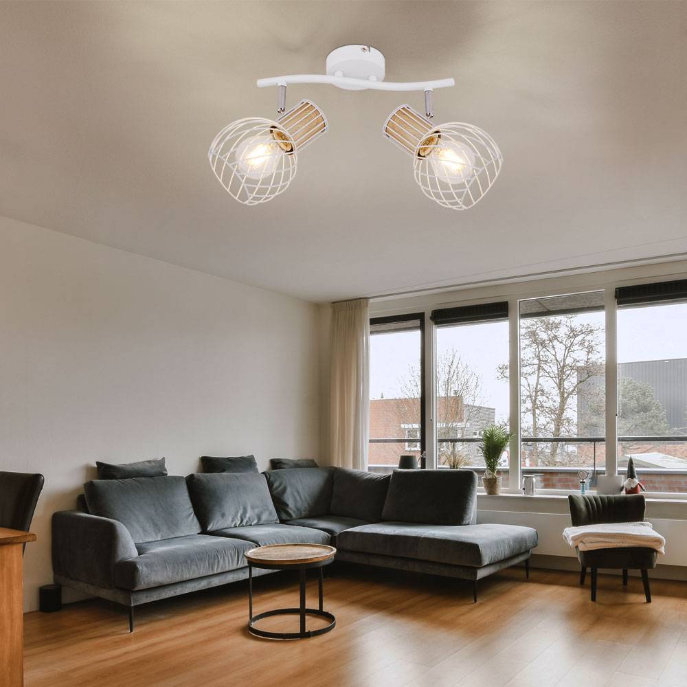 Deckenleuchte 2 Flammig Spotleuchte schwenkbar Deckenlampe Gitterschirme, Metall Holz, 2x E27 Fassungen, LxBxH 29,6x23x18,5 cm