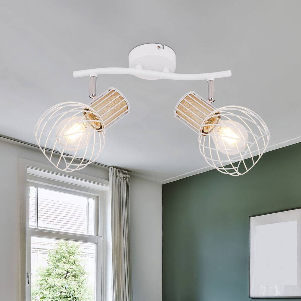 Deckenleuchte 2 Flammig Spotleuchte schwenkbar Deckenlampe Gitterschirme, Metall Holz, 2x E27 Fassungen, LxBxH 29,6x23x18,5 cm