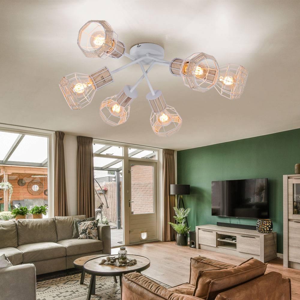 Decken Lampe Metall Leuchte Weiß Holz Bast Schirm Retro Design Beleuchtung