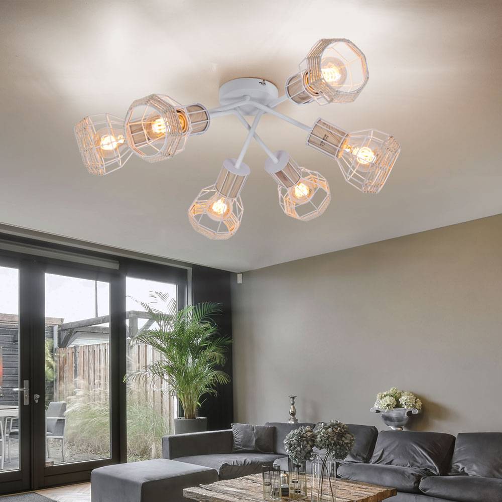 Deckenleuchte Strahler 6 Flammig Spotleuchte Käfigschirme Deckenlampe weiß Bast, Metall, natur, 6x E27 Fassungen, DxH 70x24 cm