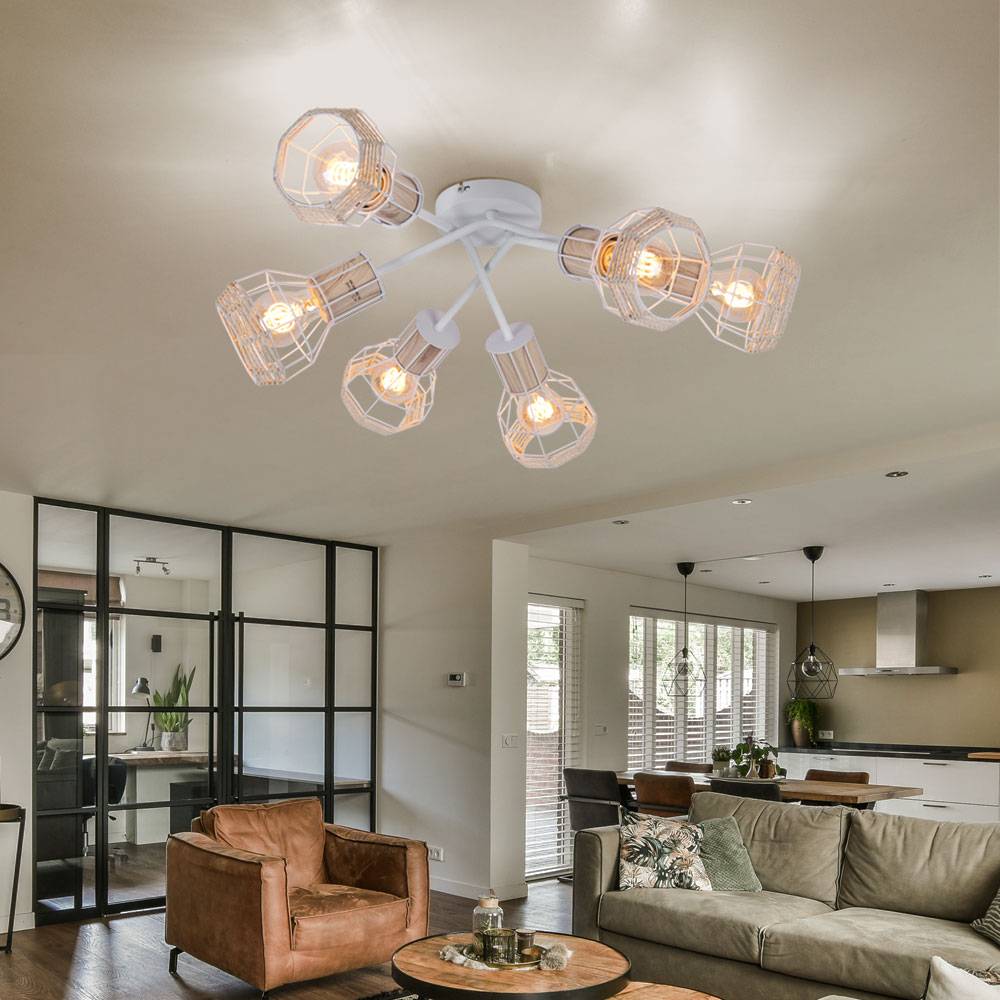 Decken Lampe Metall Leuchte Weiß Holz Bast Schirm Retro Design Beleuchtung