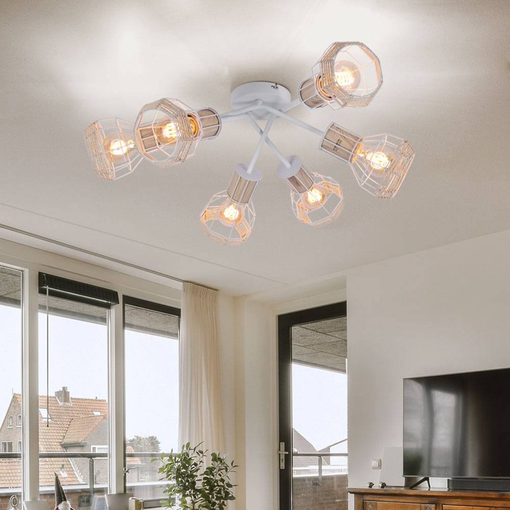 Decken Lampe Metall Leuchte Weiß Holz Bast Schirm Retro Design Beleuchtung