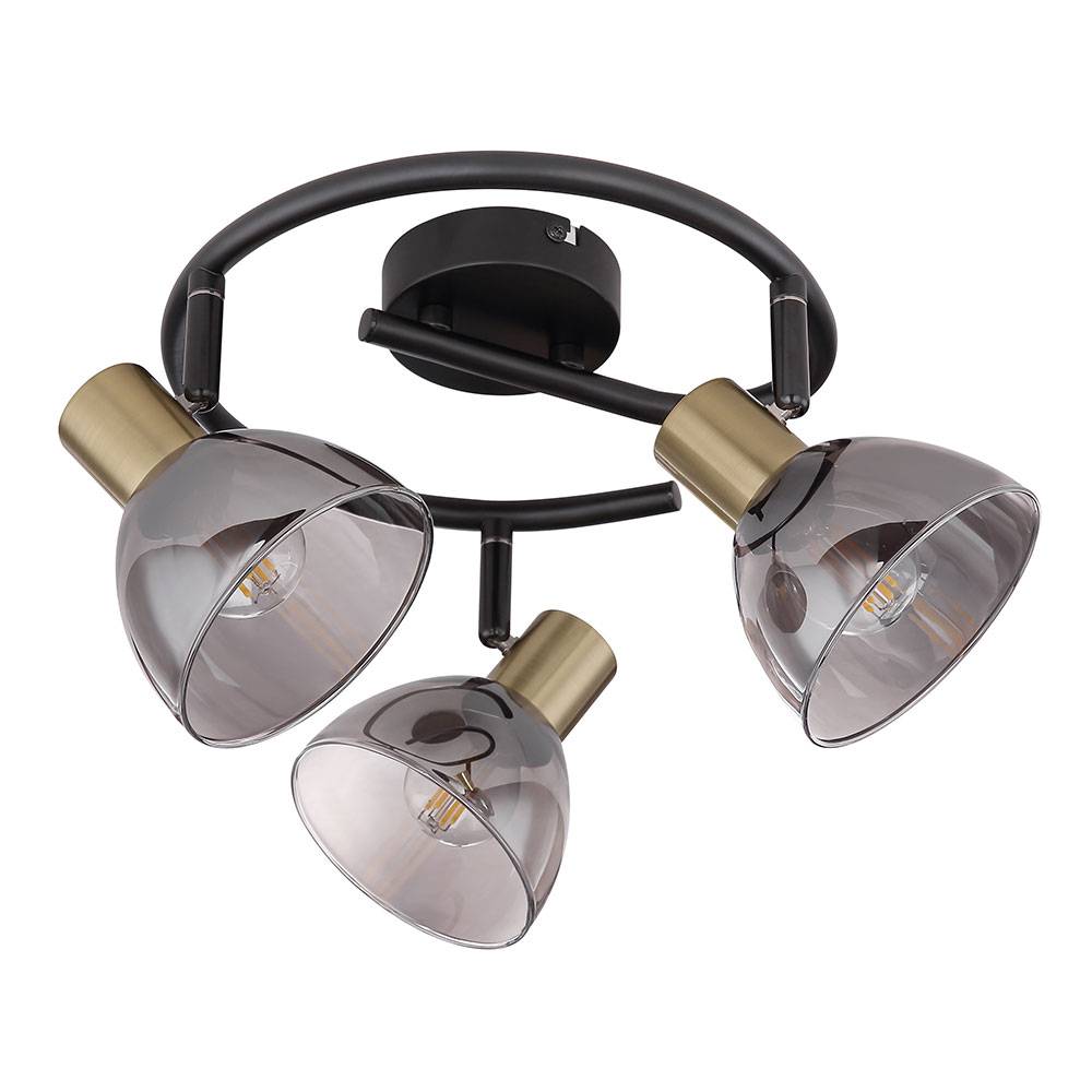 Deckenstrahler 3 flammig Deckenlampe Retro schwarz Deckenleuchte Küche , schwenkbare Spots, schwarz messing, Glas rauch, 3x E14