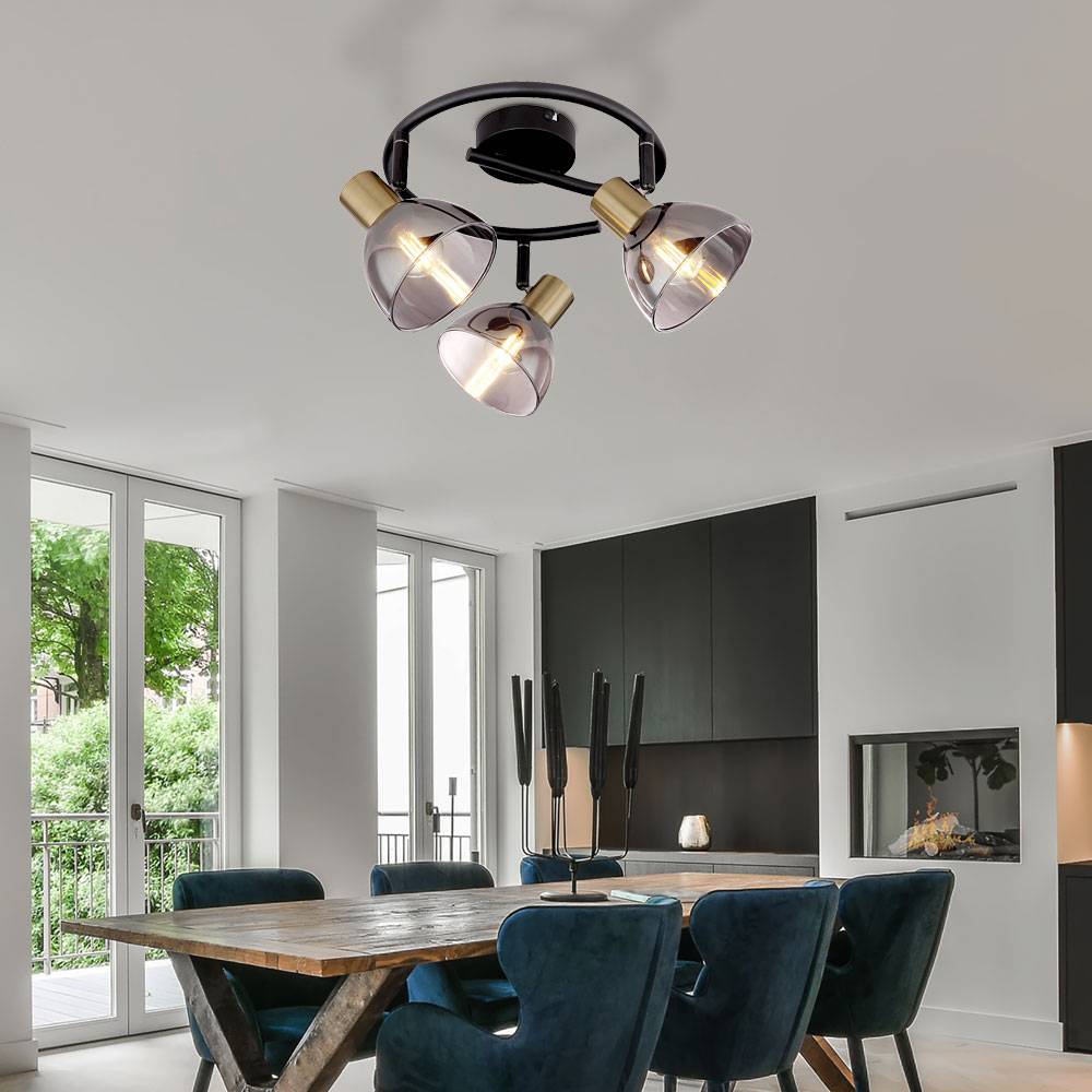 Deckenstrahler 3 flammig Deckenlampe Retro schwarz Deckenleuchte Küche , schwenkbare Spots, schwarz messing, Glas rauch, 3x E14