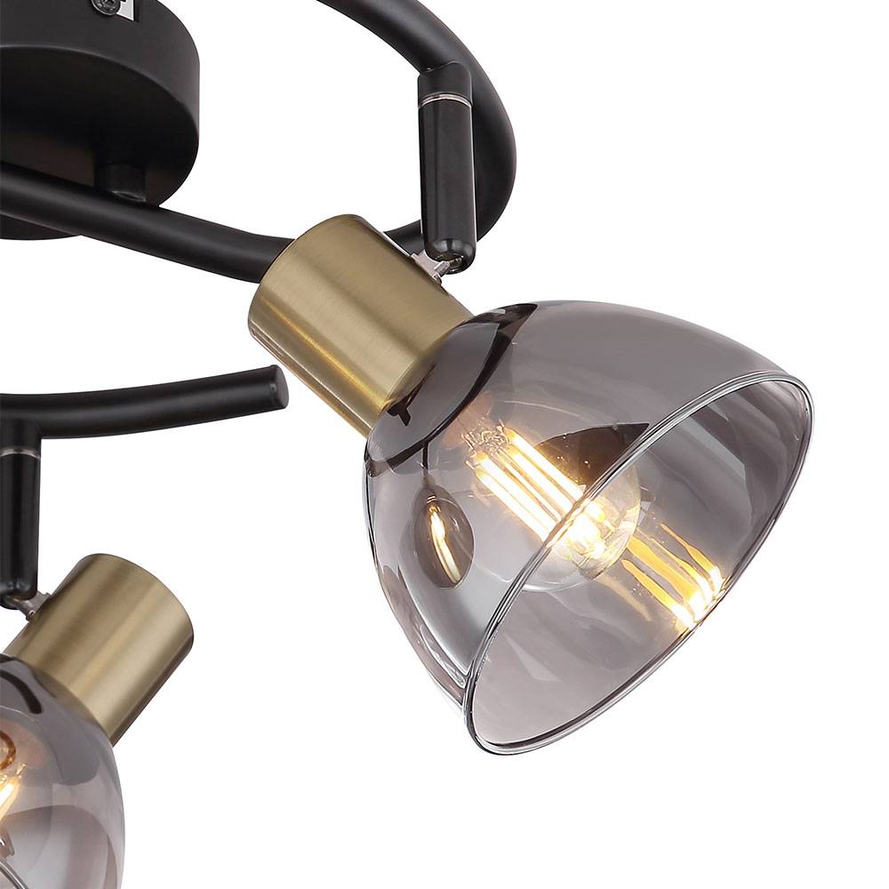 Deckenstrahler 3 flammig Deckenlampe Retro schwarz Deckenleuchte Küche , schwenkbare Spots, schwarz messing, Glas rauch, 3x E14