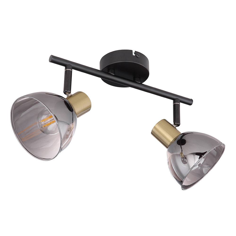 Deckenstrahler 2 flammig Deckenlampe Retro schwarz Deckenleuchte Esszimmer mit schwenkbaren Spots, schwarz messing, Glas rauch, LxBxH 30x11x17,5 cm