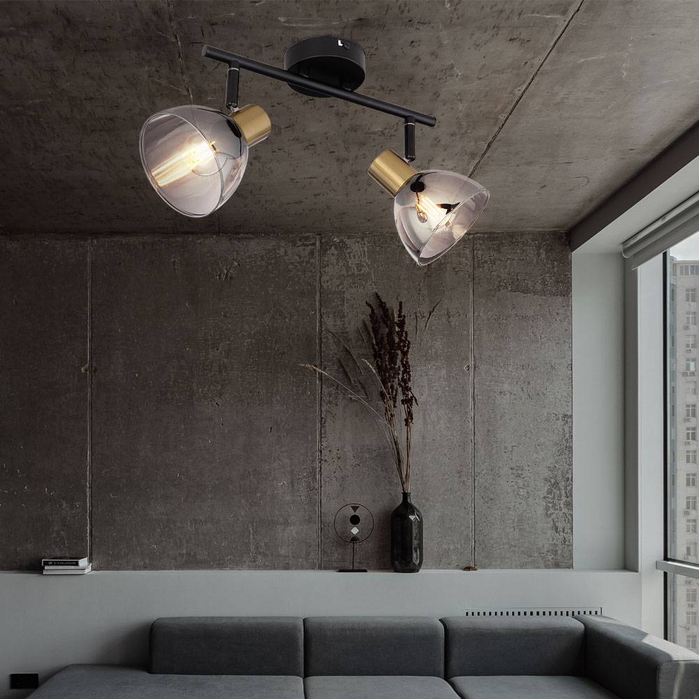 Deckenstrahler 2 flammig Deckenlampe Retro schwarz Deckenleuchte Esszimmer mit schwenkbaren Spots, schwarz messing, Glas rauch, LxBxH 30x11x17,5 cm