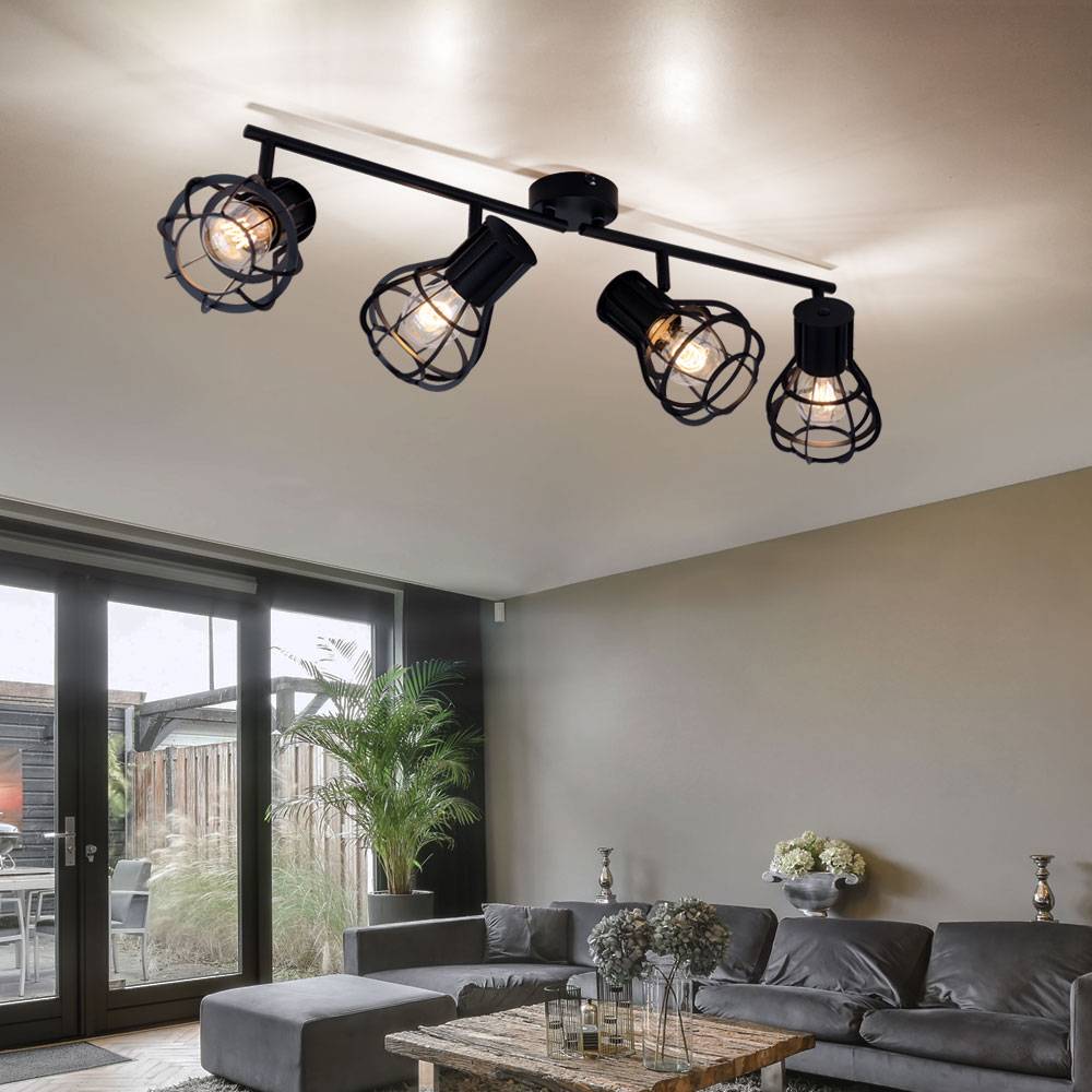 Deckenlampe Deckenleuchte Spotleuchte Esszimmer Käfigoptik 4 flammig Deckenlampen, Metall schwarz, 4x E27 Fassungen, LxBxH 70x13x22,5 cm