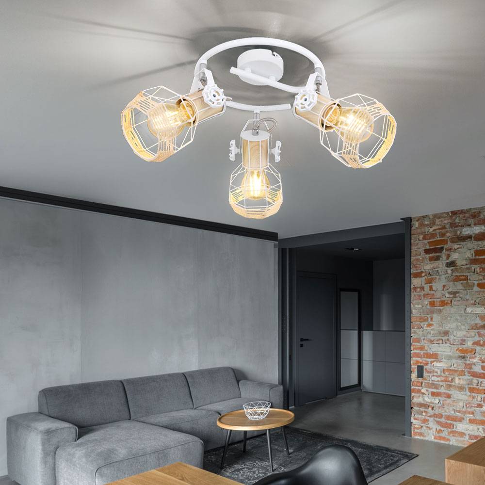 Spotrondell 3 Strahler Deckenleuchte schwenkbar Wohnzimmerleuchte weiß, holzoptik Metall, 3x E27 Fassungen, D 25 cm