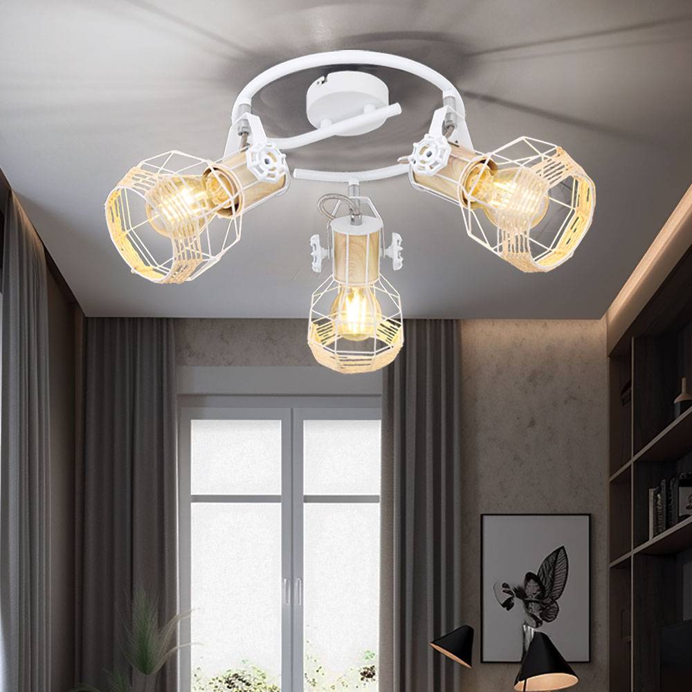 Spotrondell 3 Strahler Deckenleuchte schwenkbar Wohnzimmerleuchte weiß, holzoptik Metall, 3x E27 Fassungen, D 25 cm