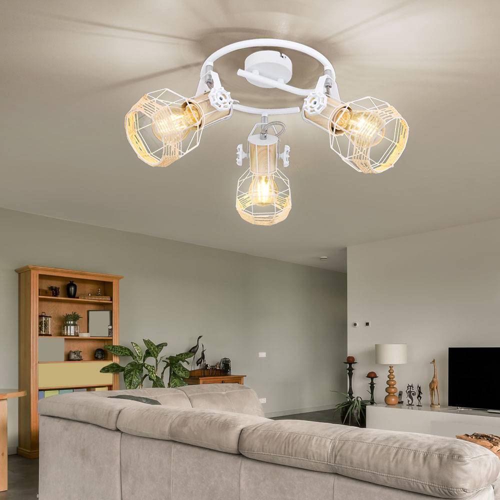 Spotrondell 3 Strahler Deckenleuchte schwenkbar Wohnzimmerleuchte weiß, holzoptik Metall, 3x E27 Fassungen, D 25 cm