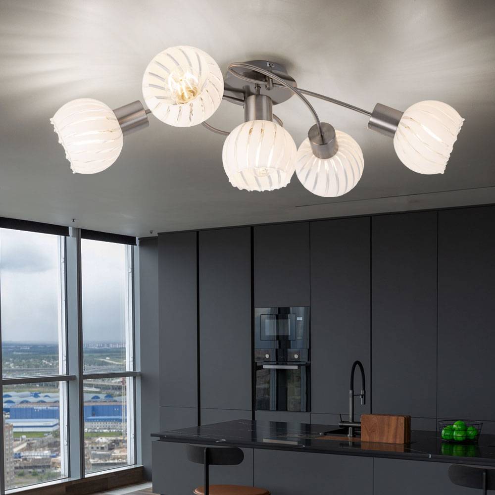 Deckenlampe Deckenleuchte Spotlampe Spotleuchte Wohnzimmerlampe, 5 Flammig Glas weiß klar Metall nickel, E27 Fassungen, LxBxH 69x43x24cm