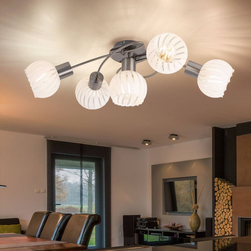 Deckenlampe Deckenleuchte Spotlampe Spotleuchte Wohnzimmerlampe, 5 Flammig Glas weiß klar Metall nickel, E27 Fassungen, LxBxH 69x43x24cm