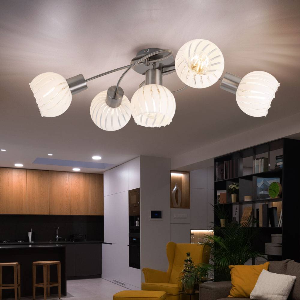 Deckenlampe Deckenleuchte Spotlampe Spotleuchte Wohnzimmerlampe, 5 Flammig Glas weiß klar Metall nickel, E27 Fassungen, LxBxH 69x43x24cm