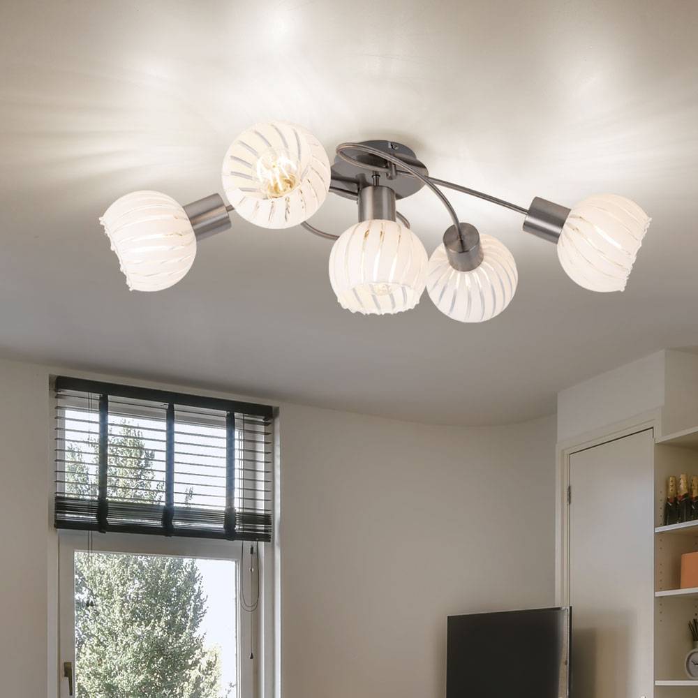 Deckenlampe Deckenleuchte Spotlampe Spotleuchte Wohnzimmerlampe, 5 Flammig Glas weiß klar Metall nickel, E27 Fassungen, LxBxH 69x43x24cm