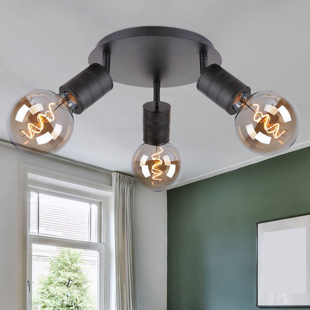 Deckenleuchte 3 Flammig Deckenstrahler schwenkbar Wohnzimmerleuchte schwarz, Metall Alu, 3x E27 Fassungen, D 28 cm