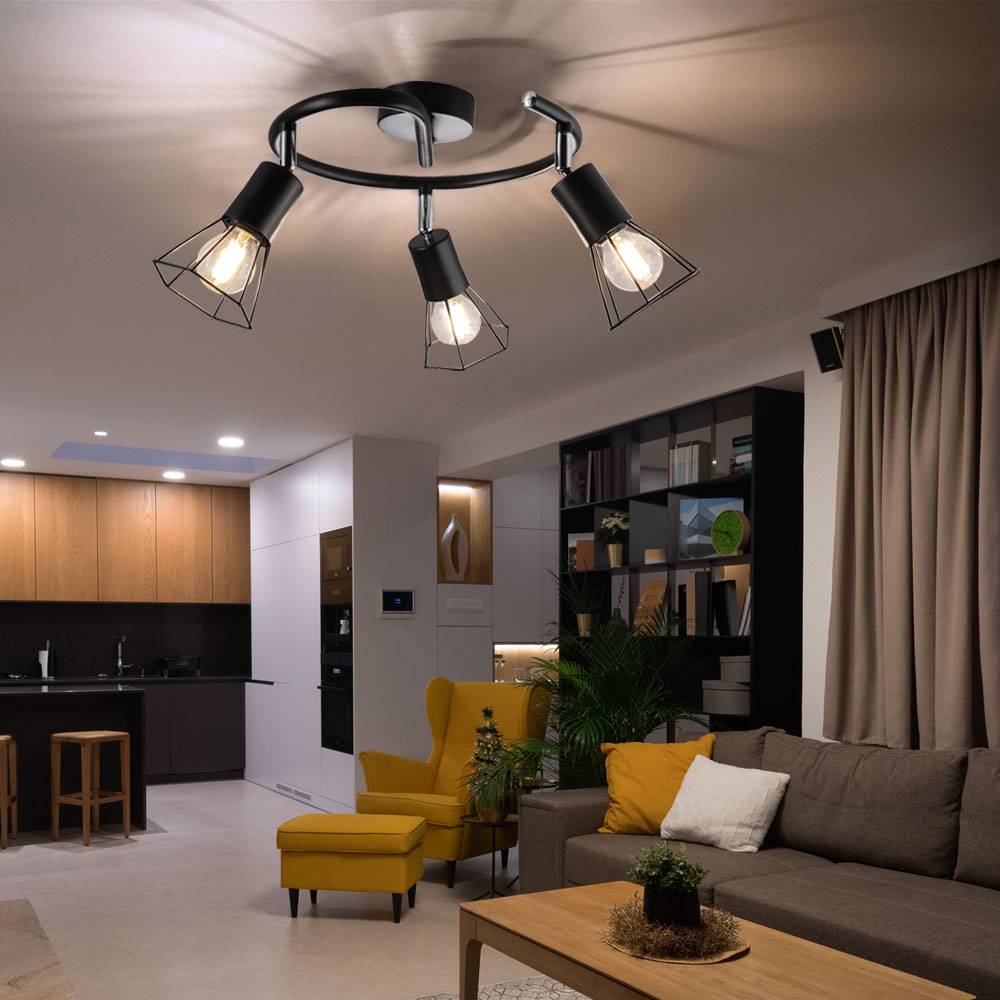 Deckenleuchte schwenkbar Spotstrahler 3 Flammig Deckenlampe Wohnzimmer, Käfig Design schwarz, 3x E14, DxH 25x10 cm