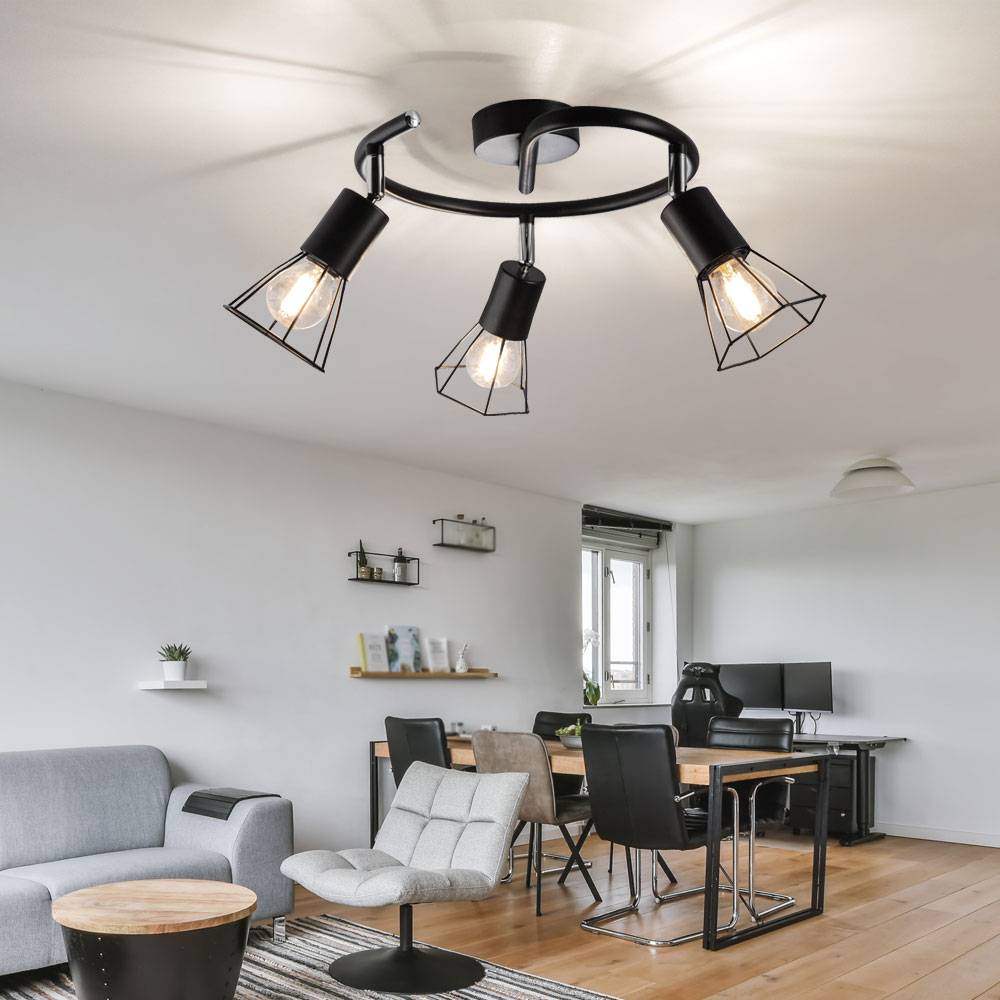 Deckenleuchte schwenkbar Spotstrahler 3 Flammig Deckenlampe Wohnzimmer, Käfig Design schwarz, 3x E14, DxH 25x10 cm