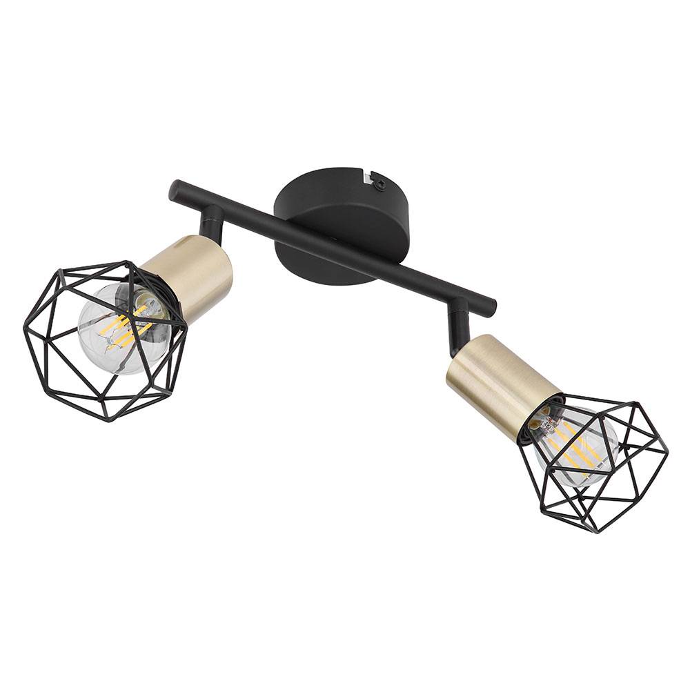 Vintage Deckenstrahler Deckenleuchte 2 flammig Spotleuchte Metall schwarz, Spots beweglich, Metallgeflecht Retro gold, 2x E14 Fassungen, HxLxB