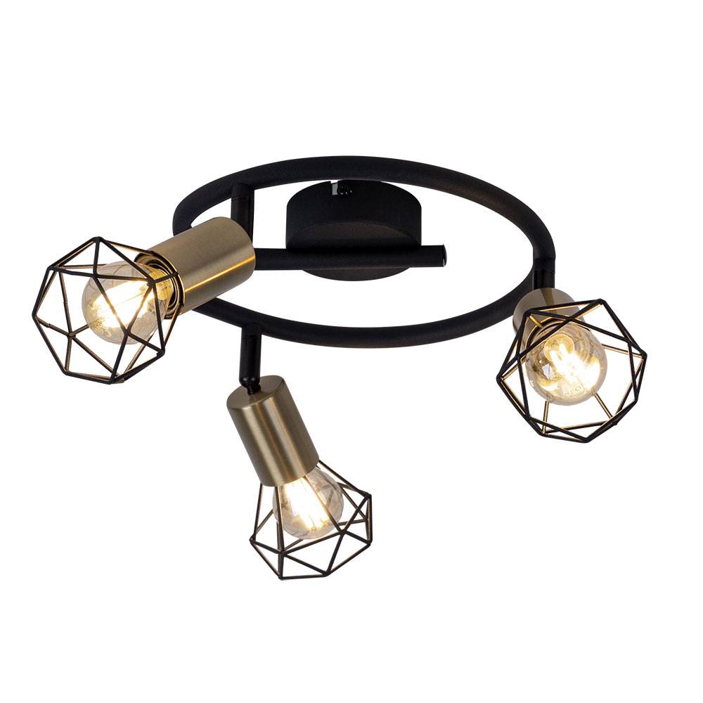 Deckenlampe Retro Industrie Deckenleuchte 3 flammig schwarz, verstellbare Strahler, Metall Gitter messing, 3x E14 Fassungen, DxH 23x18 cm