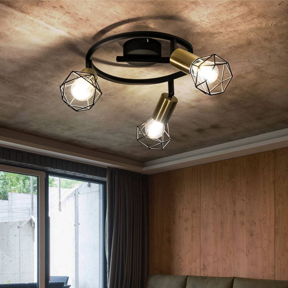 Deckenlampe Retro Industrie Deckenleuchte 3 flammig schwarz, verstellbare Strahler, Metall Gitter messing, 3x E14 Fassungen, DxH 23x18 cm