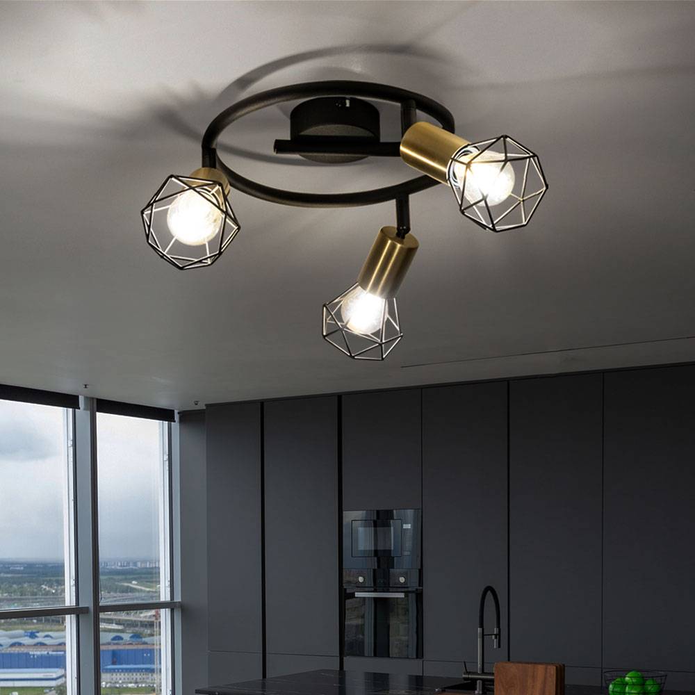 Deckenlampe Retro Industrie Deckenleuchte 3 flammig schwarz, verstellbare Strahler, Metall Gitter messing, 3x E14 Fassungen, DxH 23x18 cm