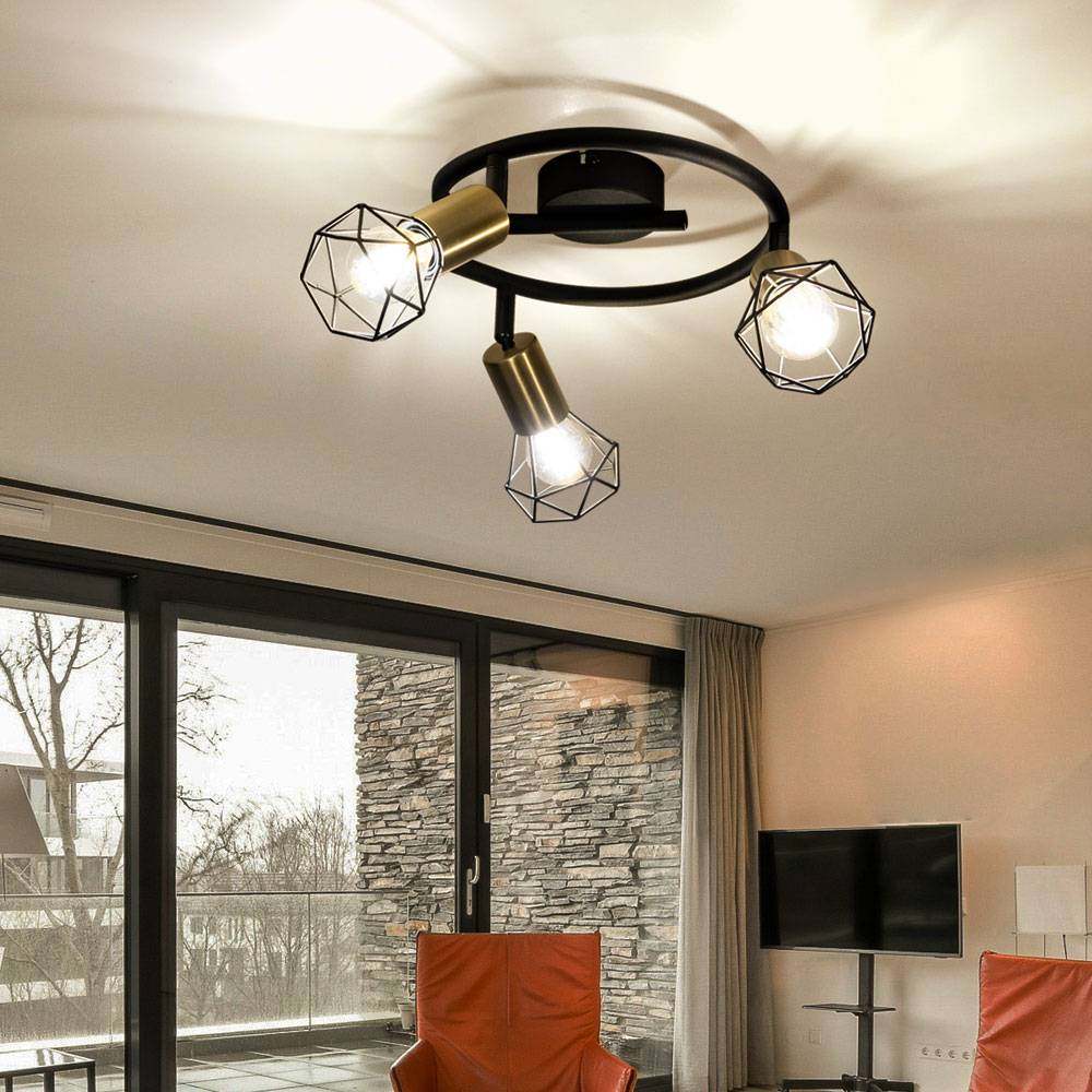 Deckenlampe Retro Industrie Deckenleuchte 3 flammig schwarz, verstellbare Strahler, Metall Gitter messing, 3x E14 Fassungen, DxH 23x18 cm